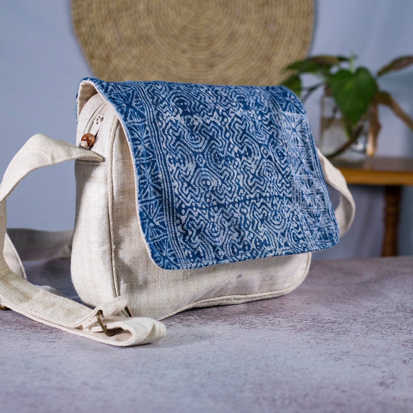 Crossbody bag from natural white hemp with batik flap