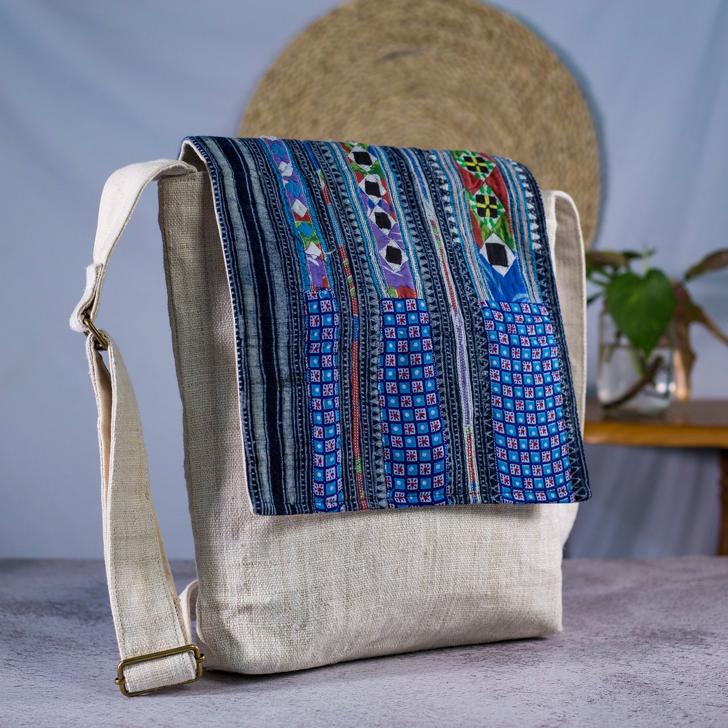 Natural hemp cross-body bag, H'mong fabric flap