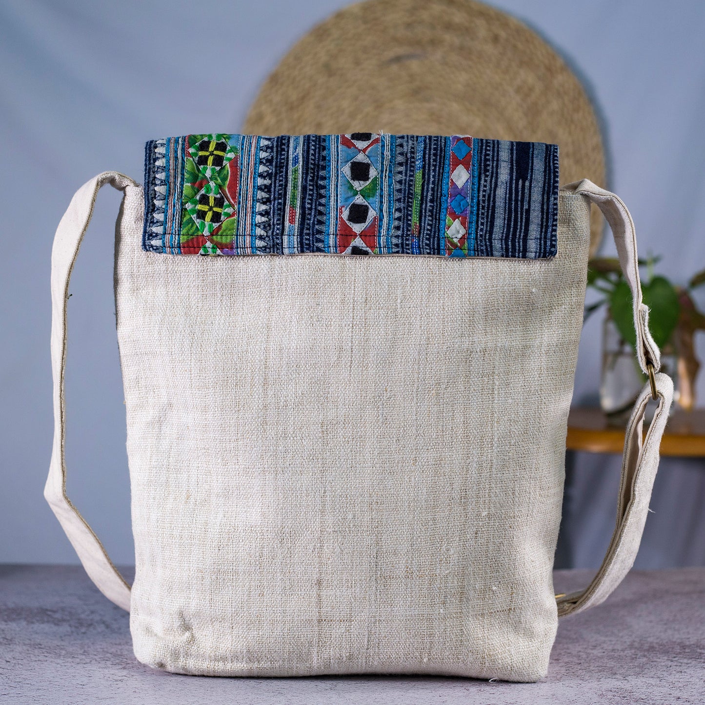 Natural hemp cross-body bag, H'mong fabric flap