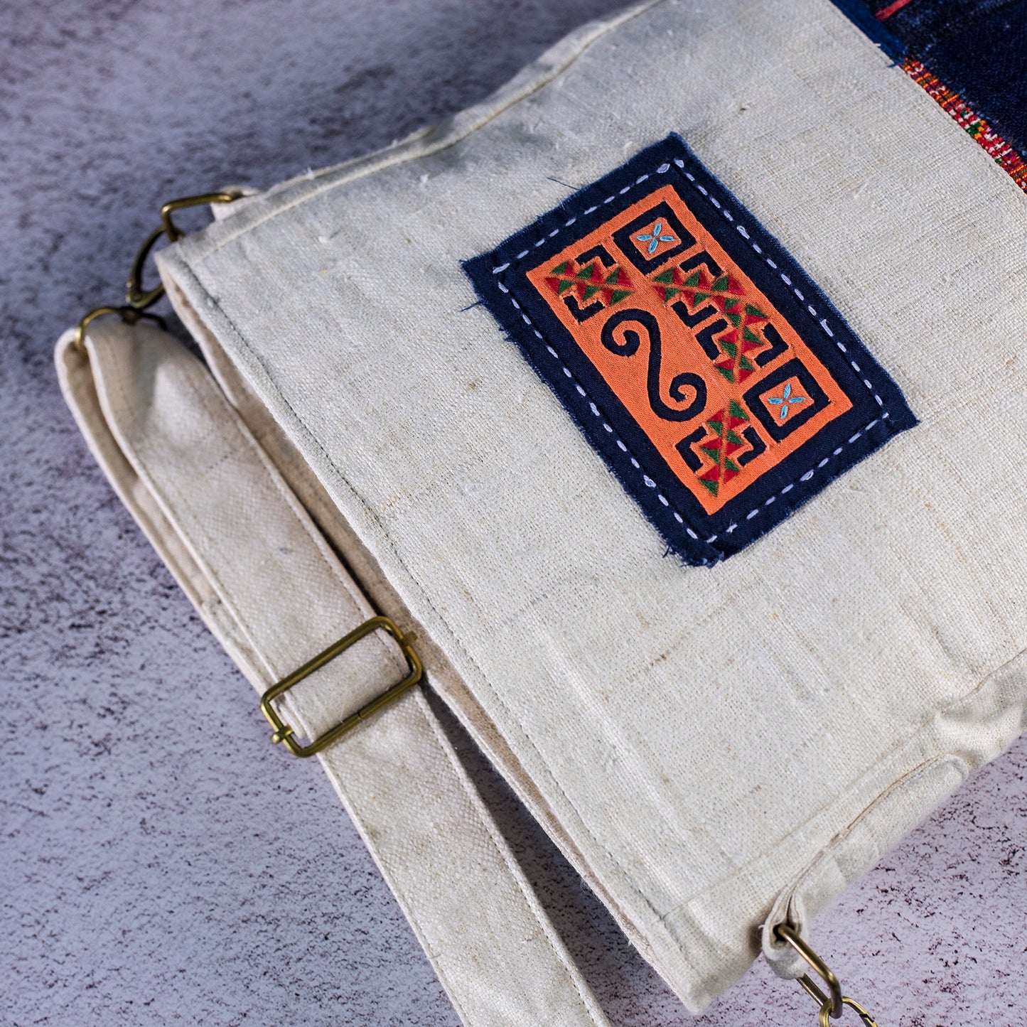 Unique crossbody bag from natural handwoven hemp with H'mong patch