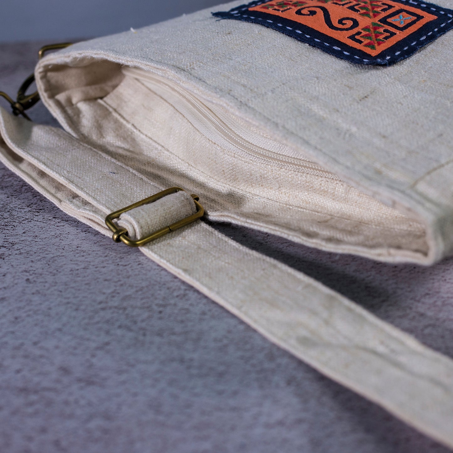 Unique crossbody bag from natural handwoven hemp with H'mong patch