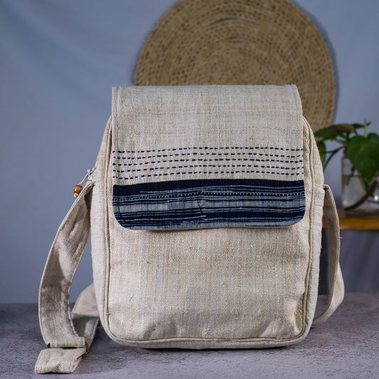 Natural beige hemp cross-body bag, batik and hand-stitched flap