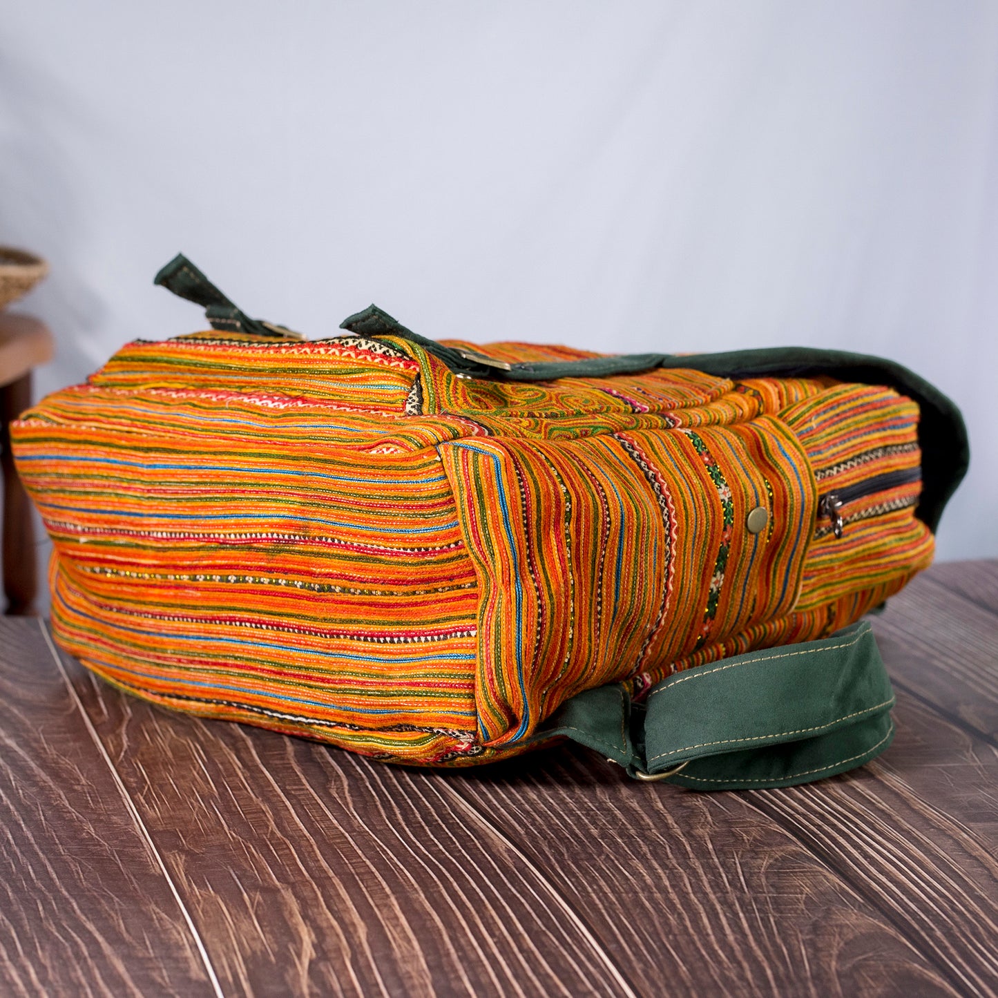 Big-sized backpack, orange hand-embroidery fabric, faux leather trim, moss green color