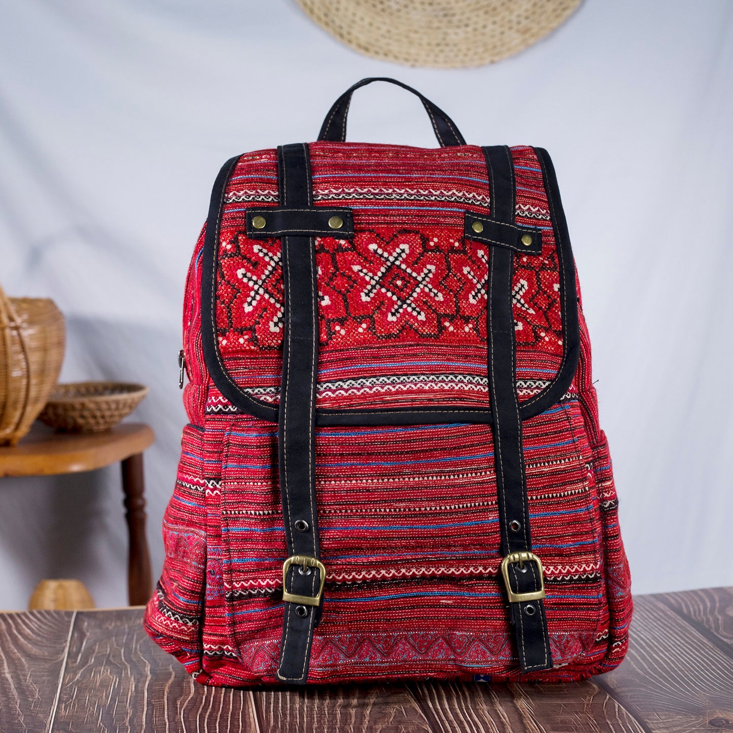 Big-sized backpack, pink hand-embroidery fabric, black faux leather trim