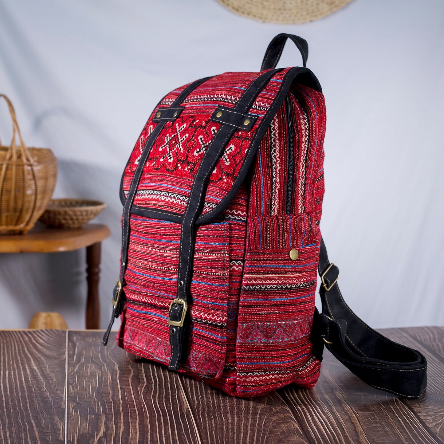 Big-sized backpack, pink hand-embroidery fabric, black faux leather trim