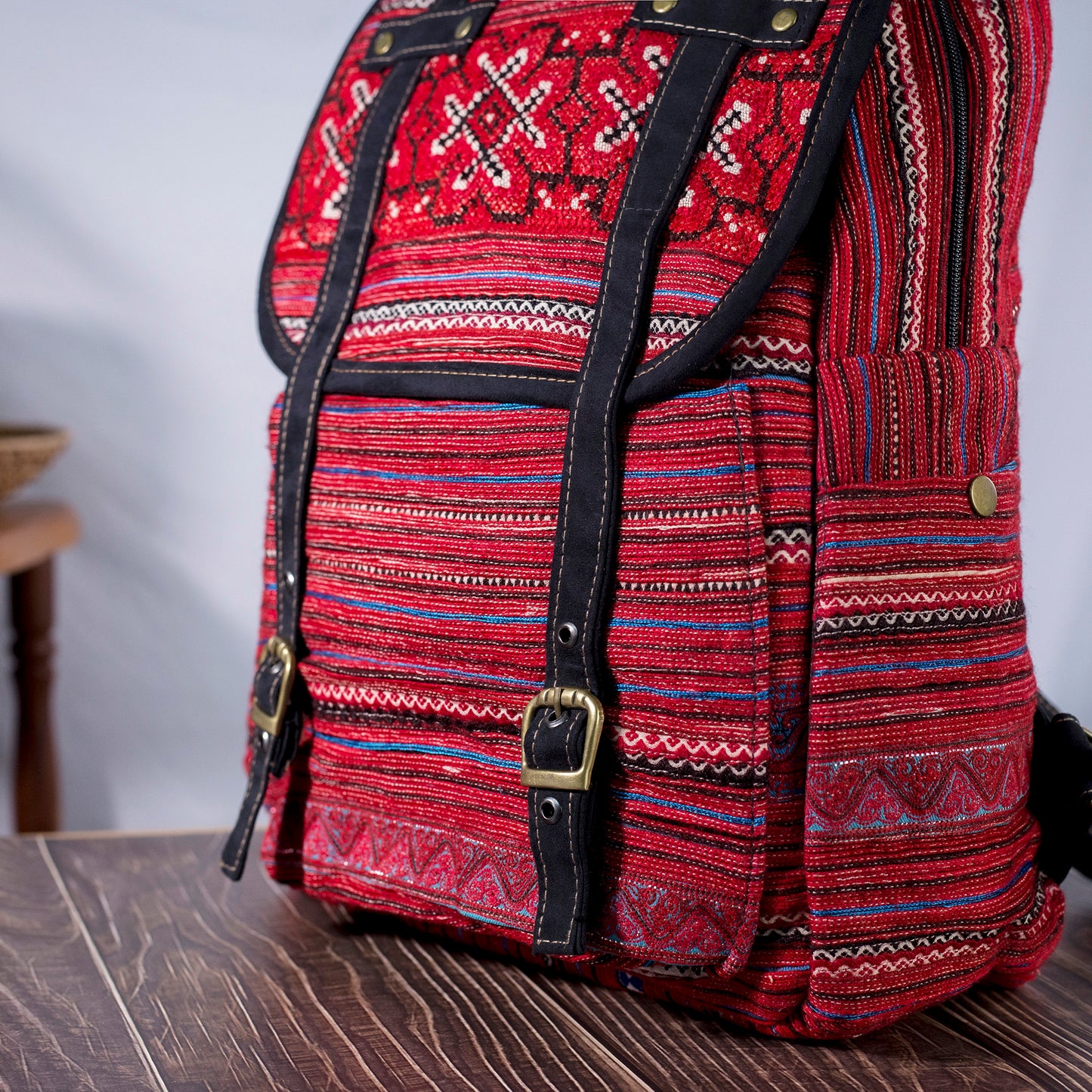 Big-sized backpack, pink hand-embroidery fabric, black faux leather trim