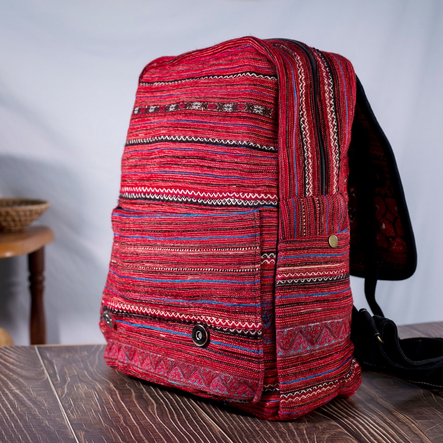 Big-sized backpack, pink hand-embroidery fabric, black faux leather trim