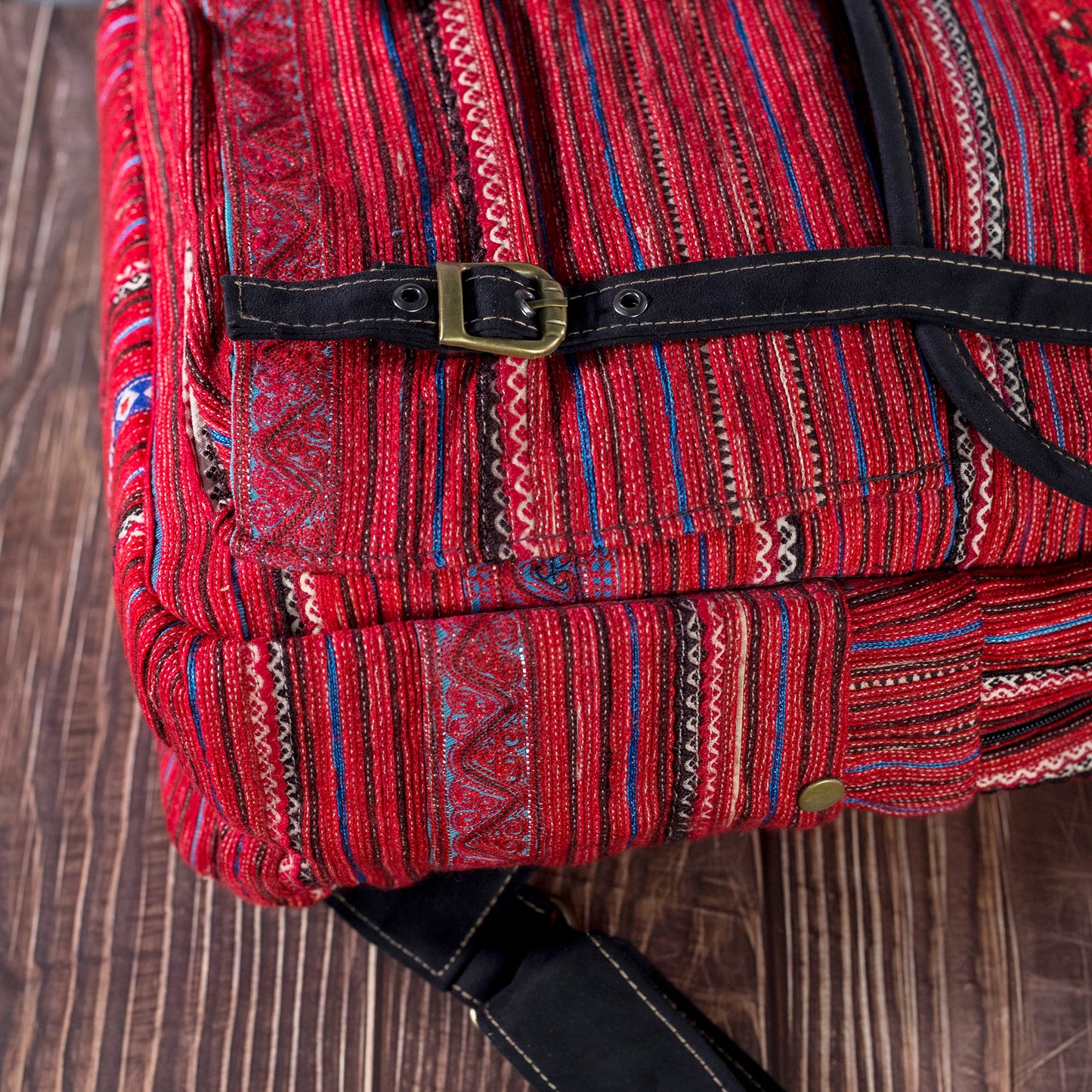 Big-sized backpack, pink hand-embroidery fabric, black faux leather trim