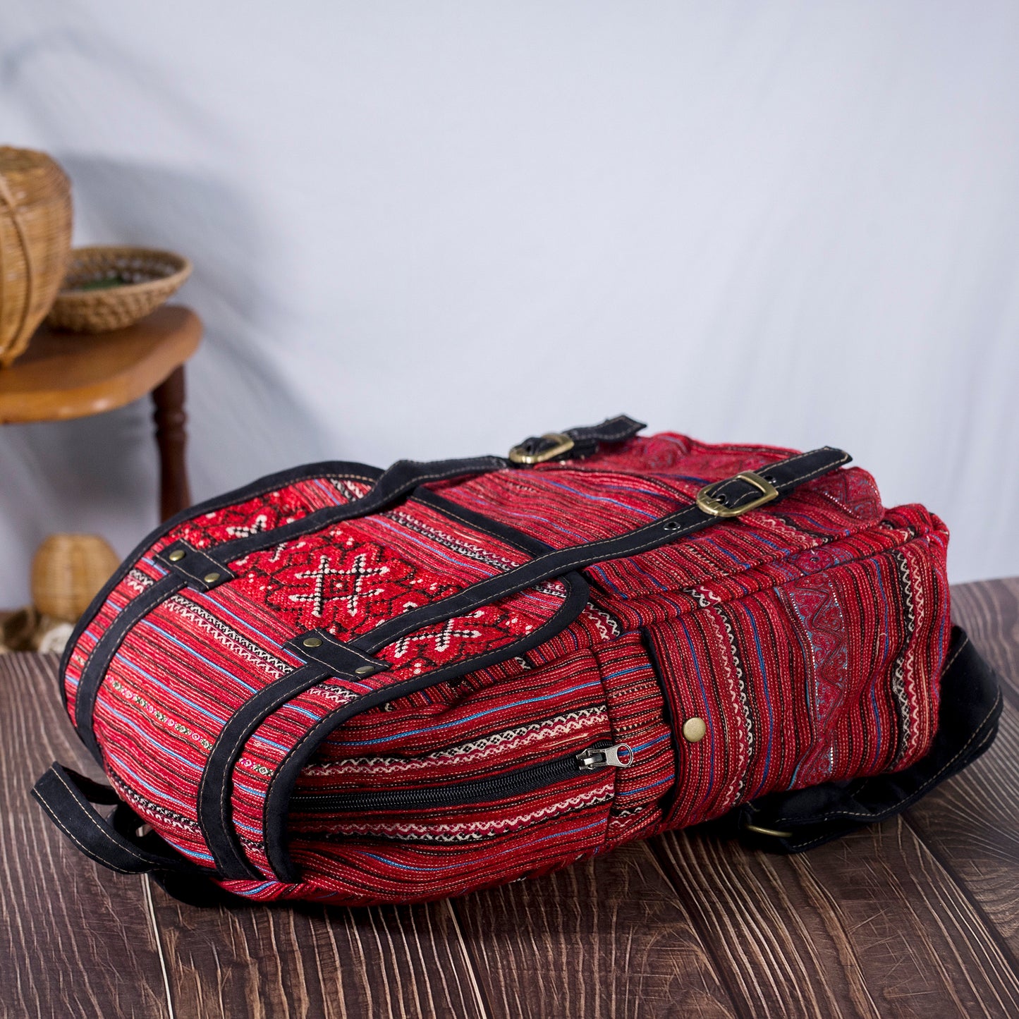 Big-sized backpack, pink hand-embroidery fabric, black faux leather trim