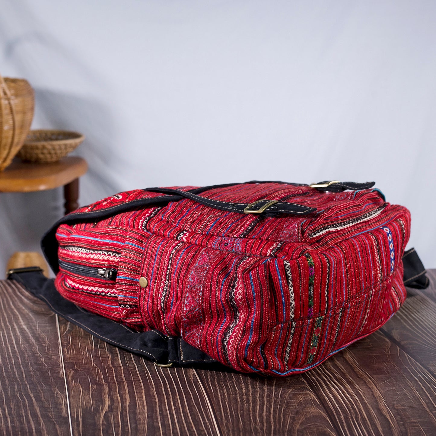 Big-sized backpack, pink hand-embroidery fabric, black faux leather trim