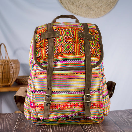 Big-sized backpack, orange hand-embroidery fabric, brown faux leather trim