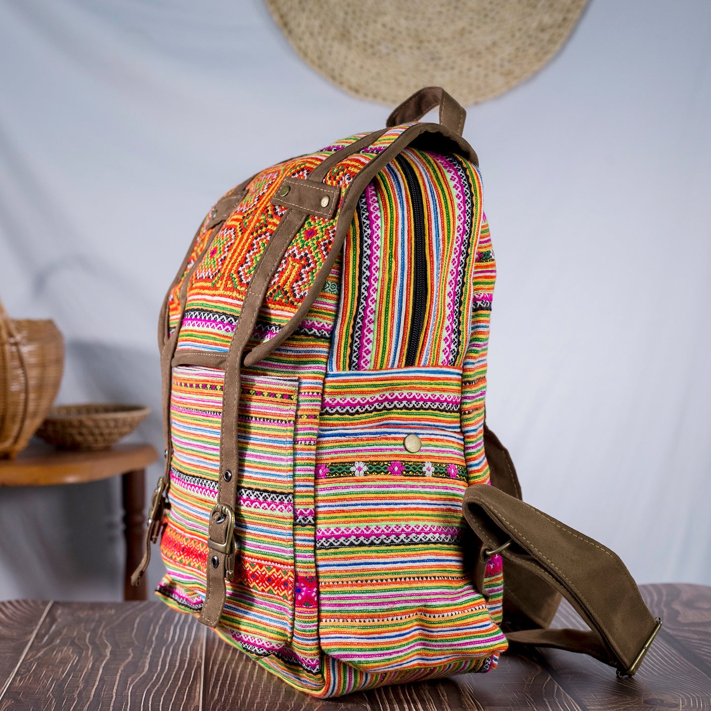 Big-sized backpack, orange hand-embroidery fabric, brown faux leather trim