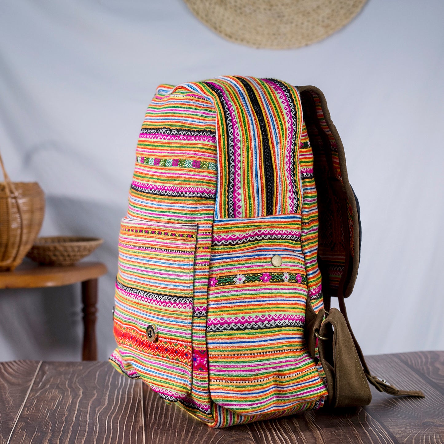 Big-sized backpack, orange hand-embroidery fabric, brown faux leather trim