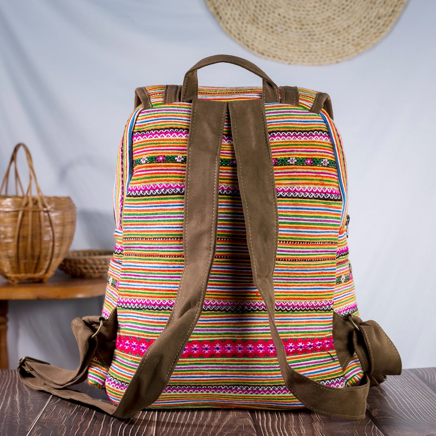 Big-sized backpack, orange hand-embroidery fabric, brown faux leather trim