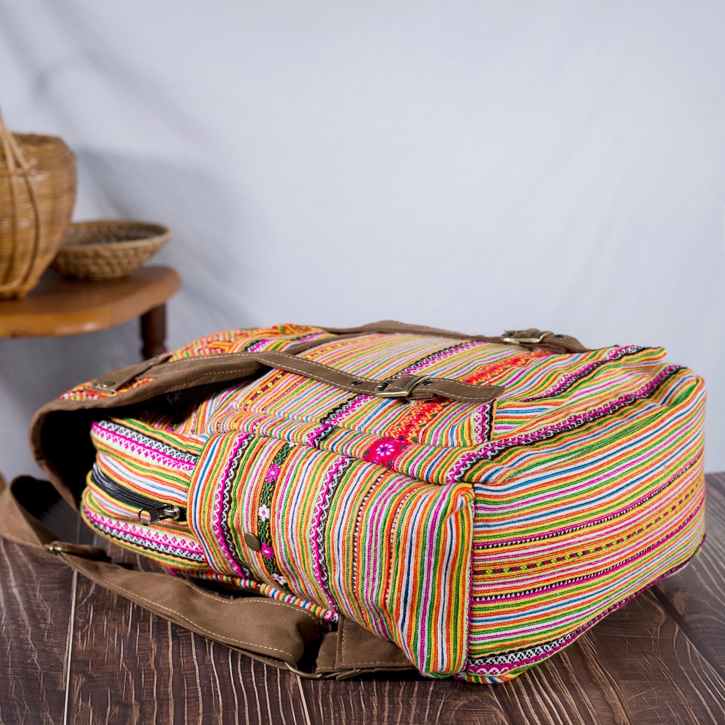 Big-sized backpack, orange hand-embroidery fabric, brown faux leather trim