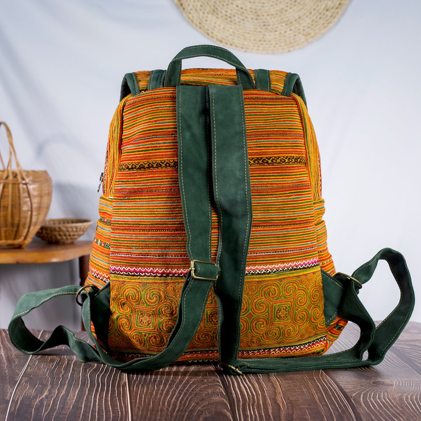 Big-sized backpack, orange hand-embroidery fabric, faux leather trim, moss green color