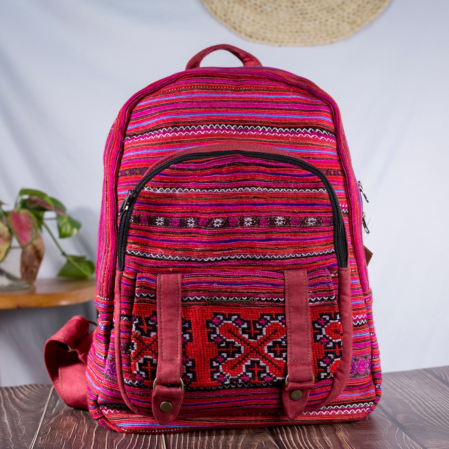 Big-sized backpack, pink hand-embroidery fabric, pink faux leather trim