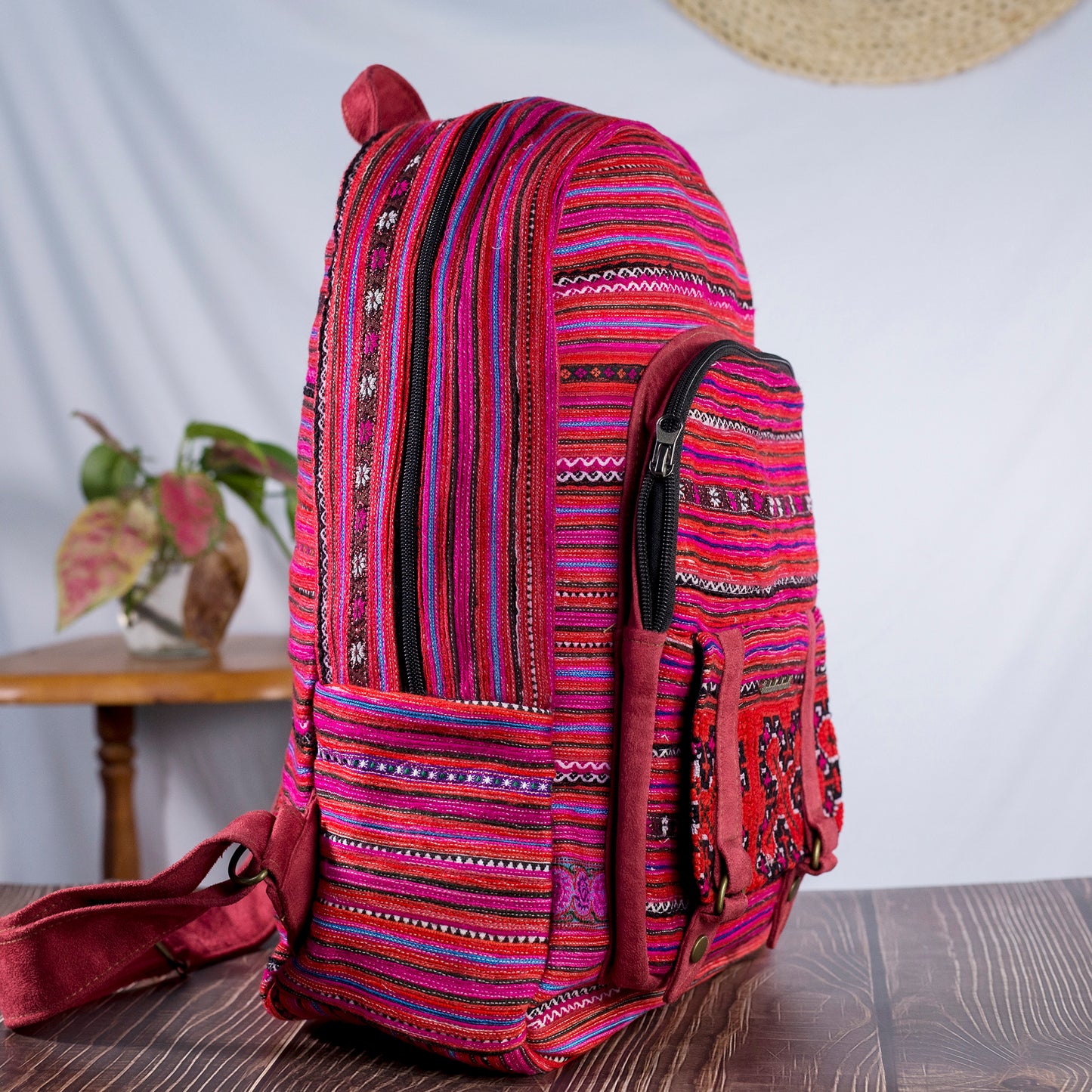 Big-sized backpack, pink hand-embroidery fabric, pink faux leather trim