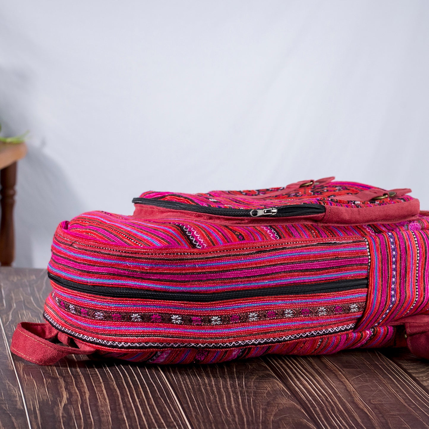 Big-sized backpack, pink hand-embroidery fabric, pink faux leather trim