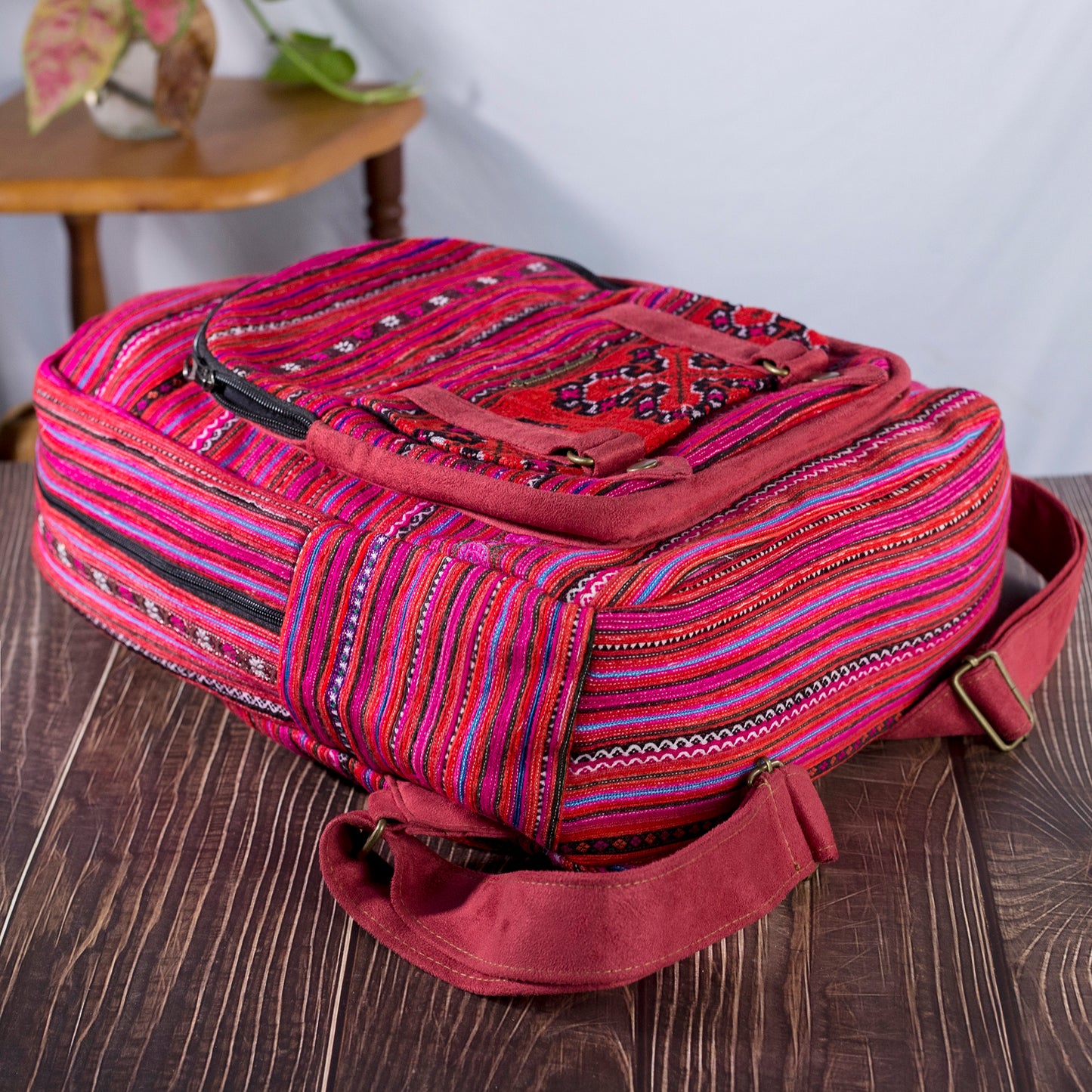 Big-sized backpack, pink hand-embroidery fabric, pink faux leather trim