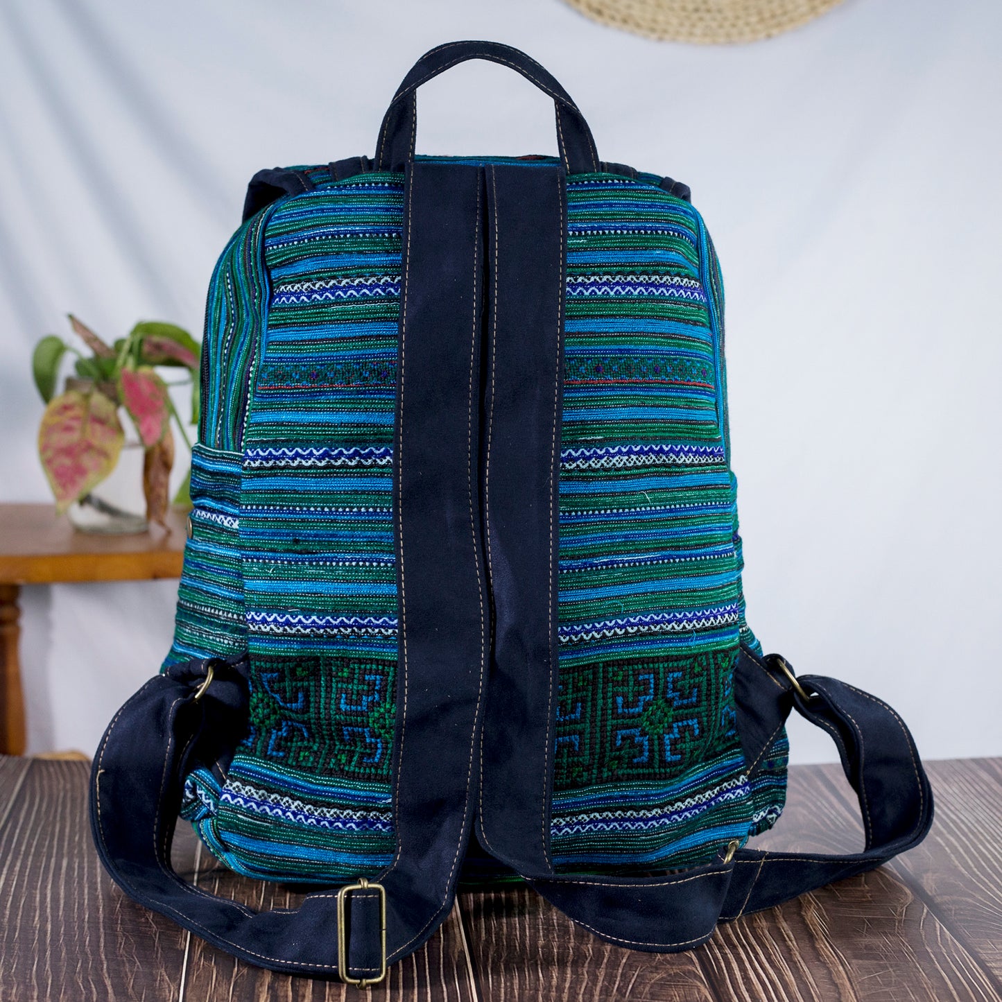 Big-sized backpack, blue hand-embroidery fabric, dark blue faux leather trim