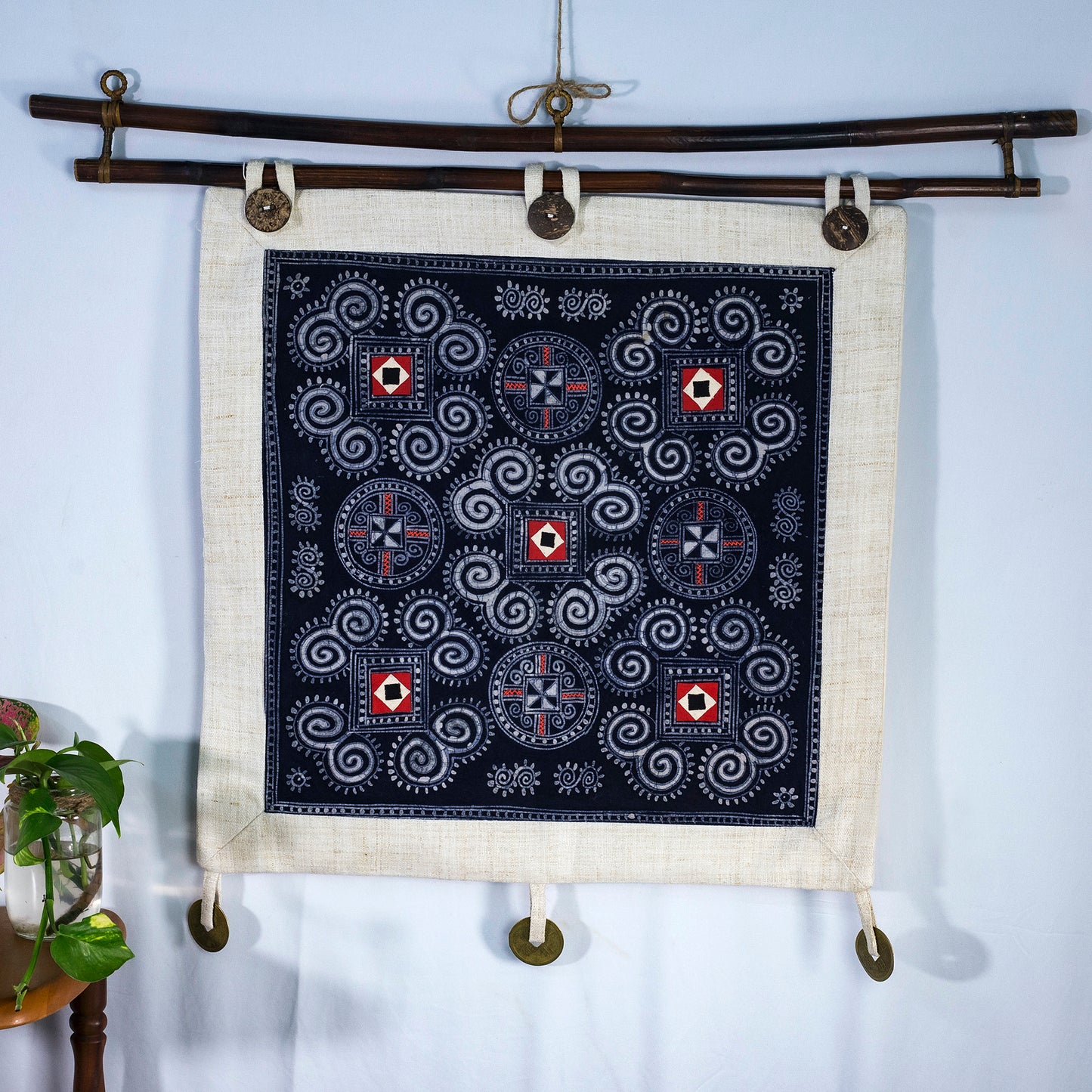 Wall hanging tapestry, Blue H'mong pattern, Hemp and Batik