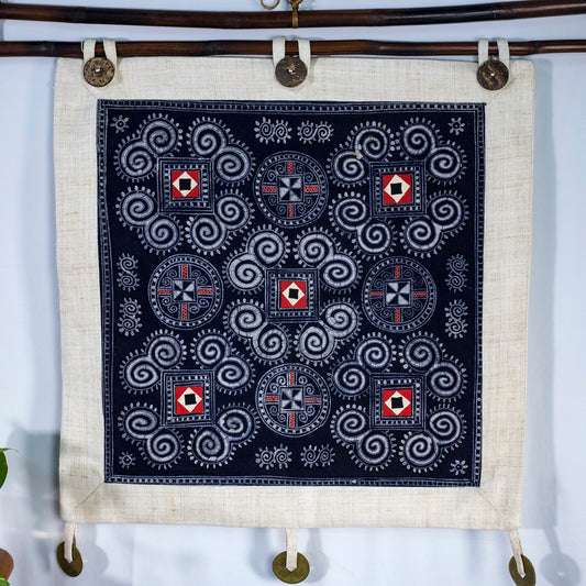 Wall hanging tapestry, Blue H'mong pattern, Hemp and Batik