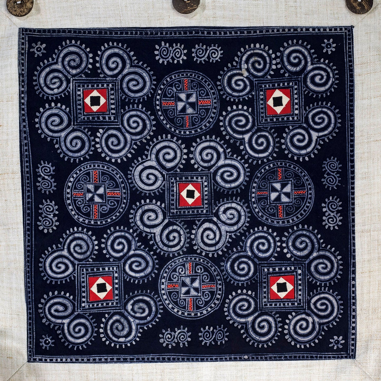 Wall hanging tapestry, Blue H'mong pattern, Hemp and Batik