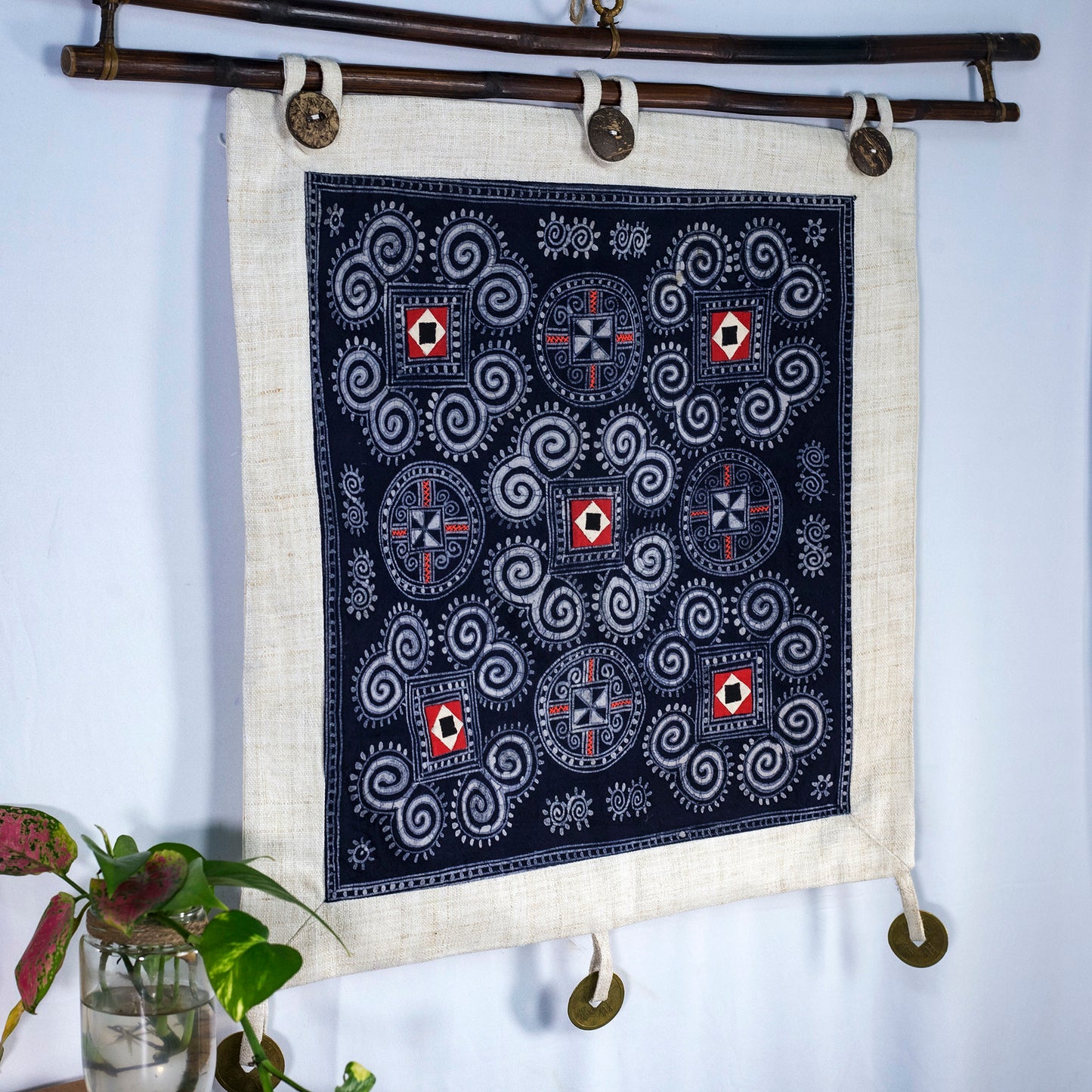 Wall hanging tapestry, Blue H'mong pattern, Hemp and Batik