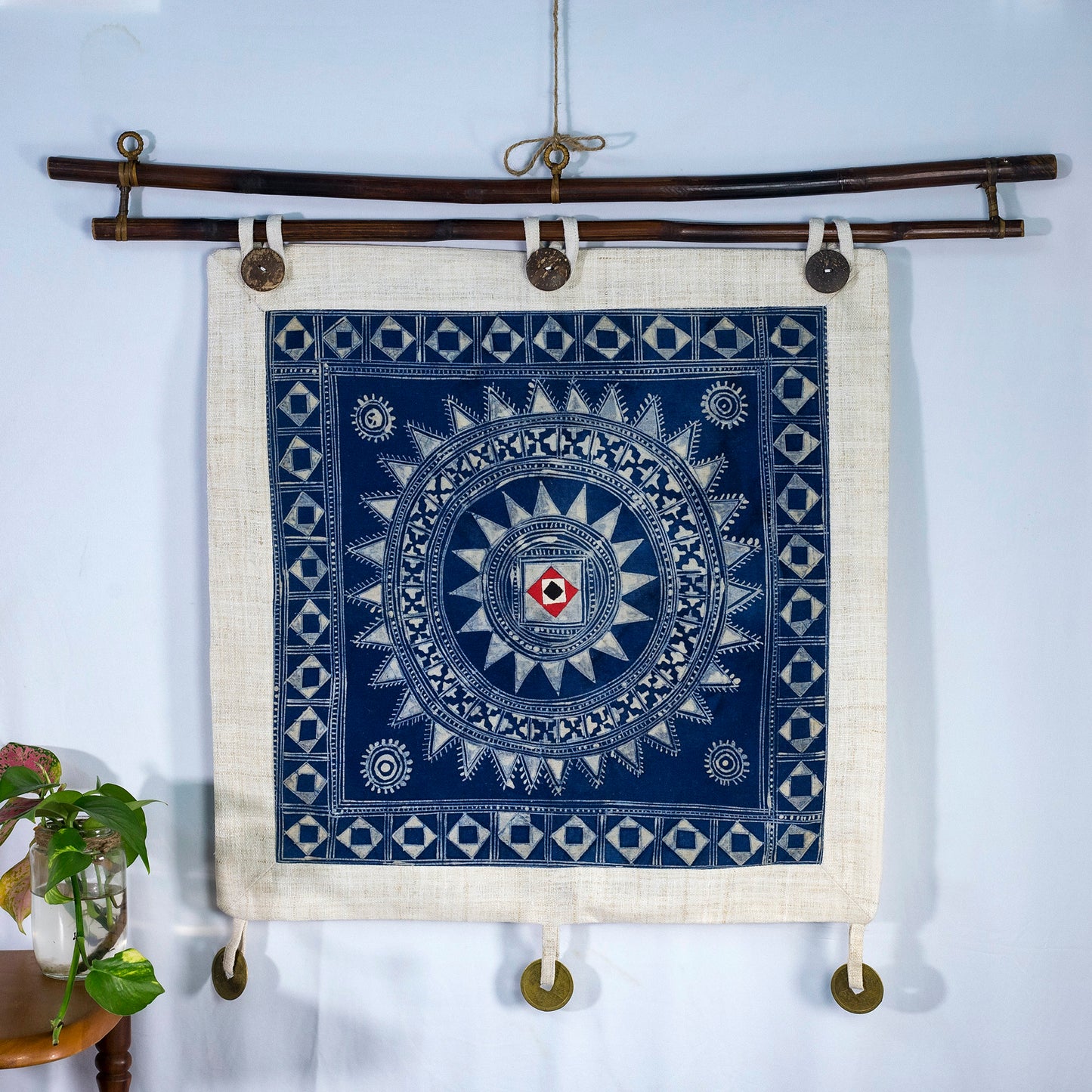 Wall hanging tapestry, Blue H'mong pattern, Hemp and Batik