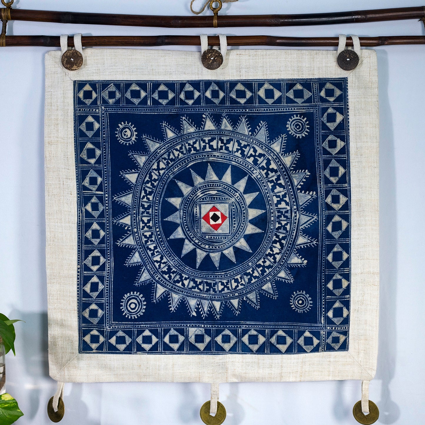 Wall hanging tapestry, Blue H'mong pattern, Hemp and Batik