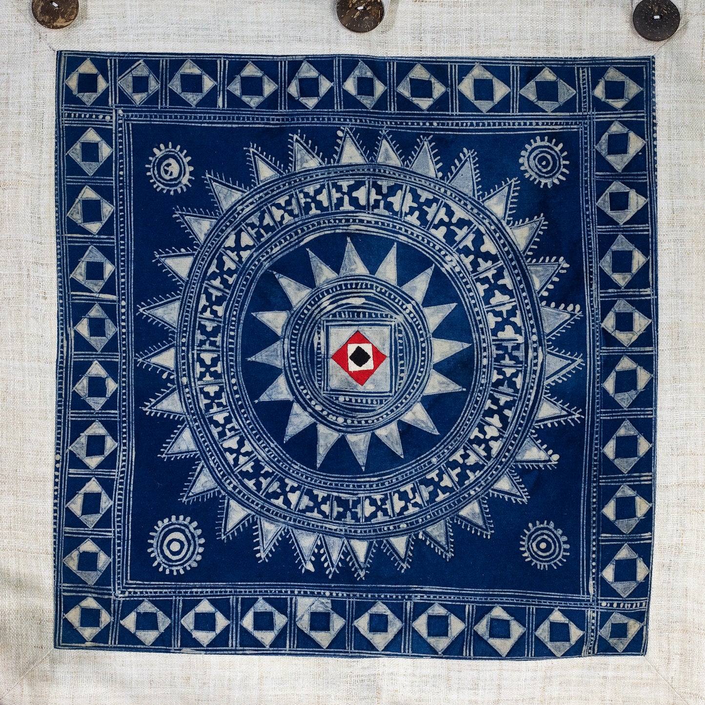 Wall hanging tapestry, Blue H'mong pattern, Hemp and Batik