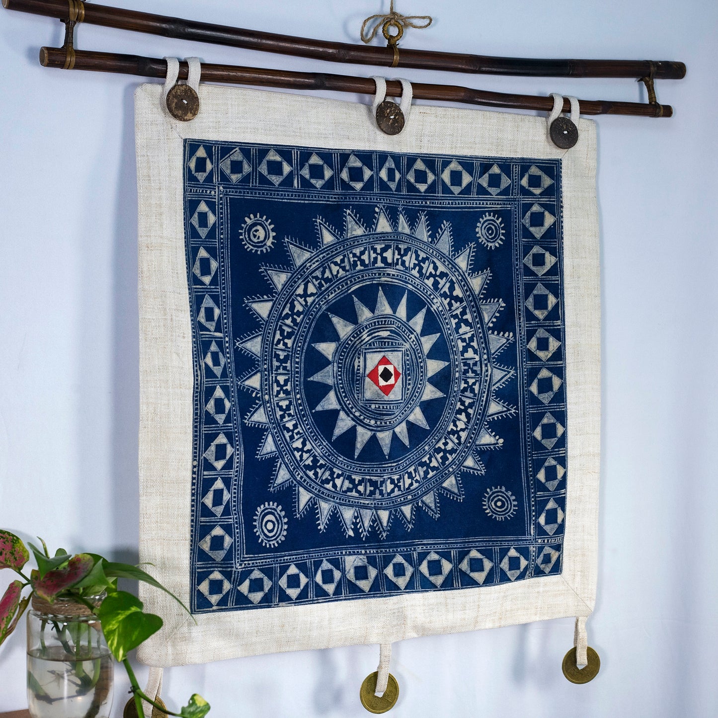 Wall hanging tapestry, Blue H'mong pattern, Hemp and Batik