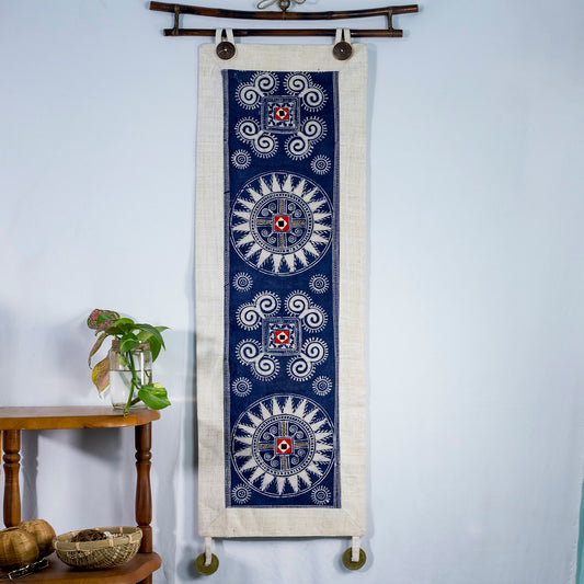 Wall hanging tapestry, Blue H'mong pattern, Hemp and Batik