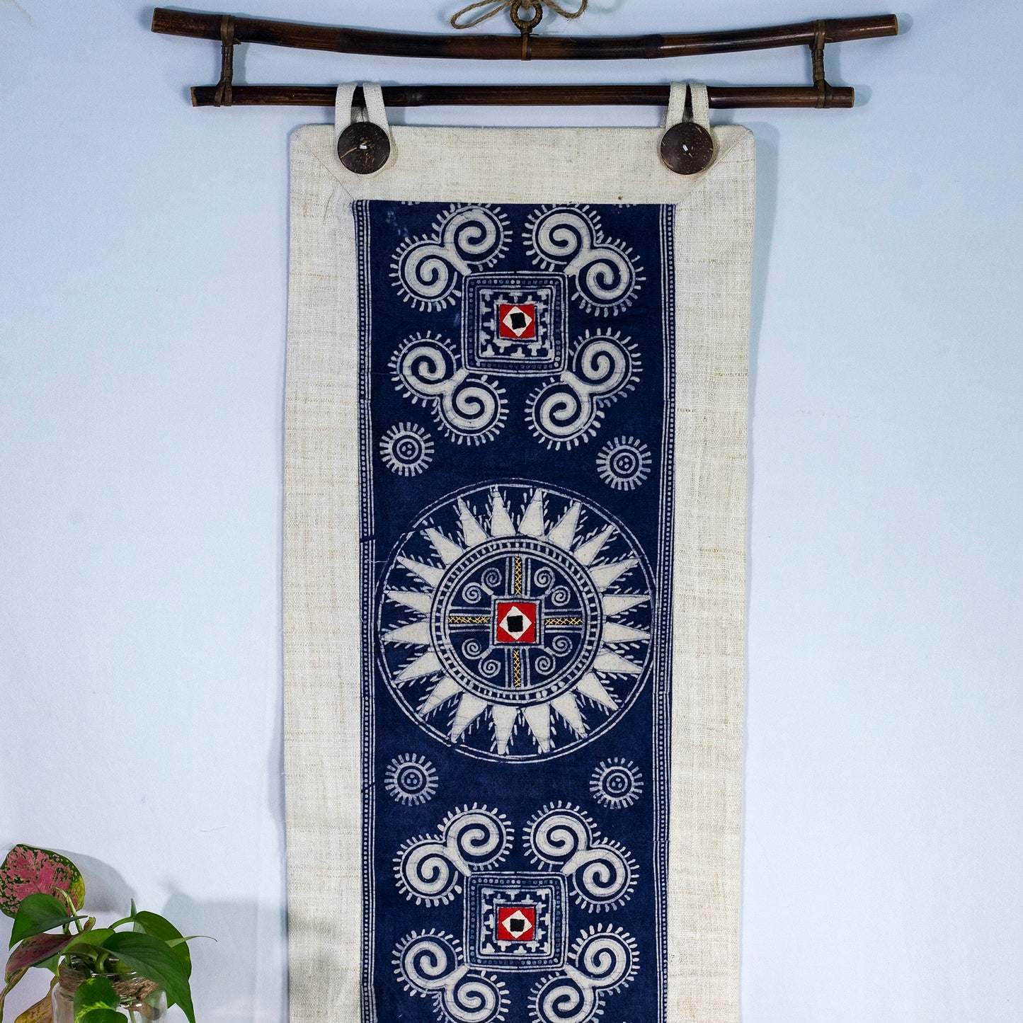 Wall hanging tapestry, Blue H'mong pattern, Hemp and Batik