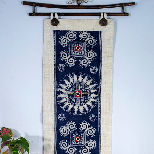 Wall hanging tapestry, Blue H'mong pattern, Hemp and Batik