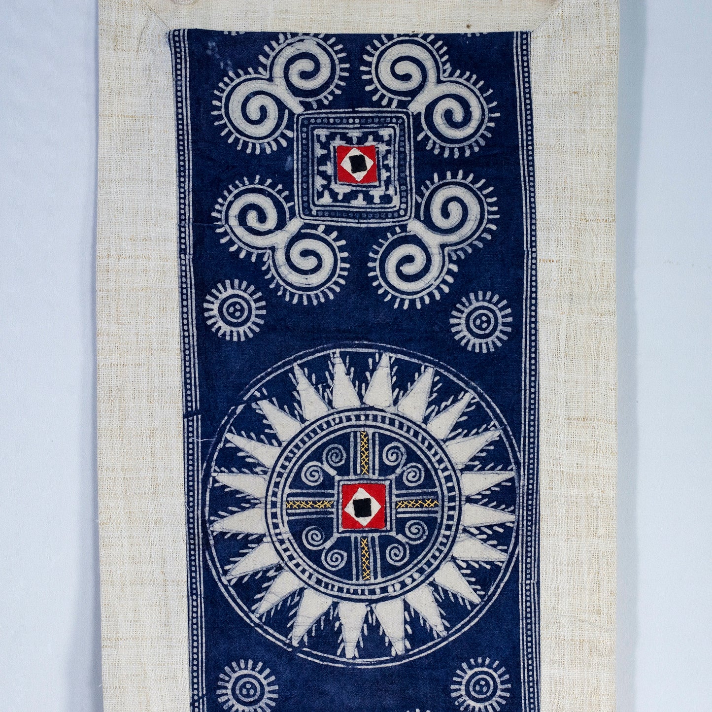 Wall hanging tapestry, Blue H'mong pattern, Hemp and Batik