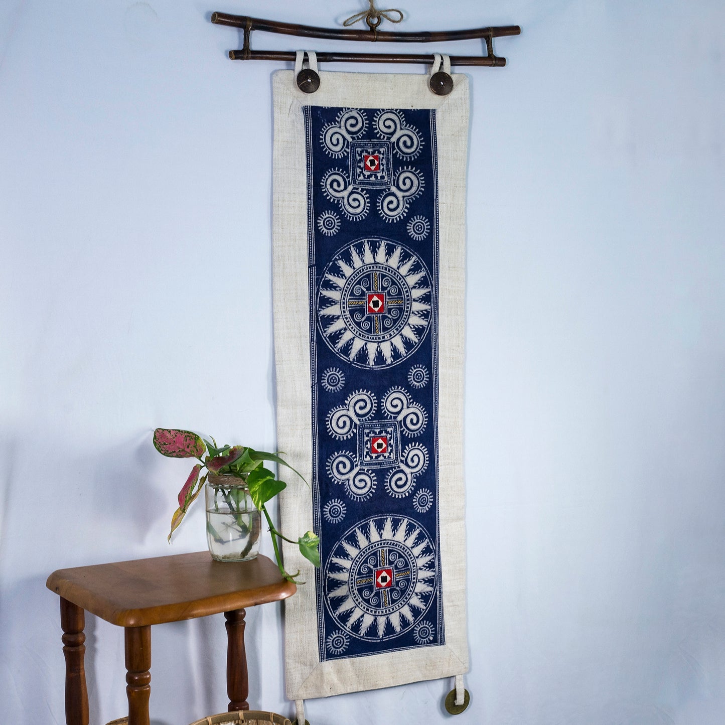 Wall hanging tapestry, Blue H'mong pattern, Hemp and Batik