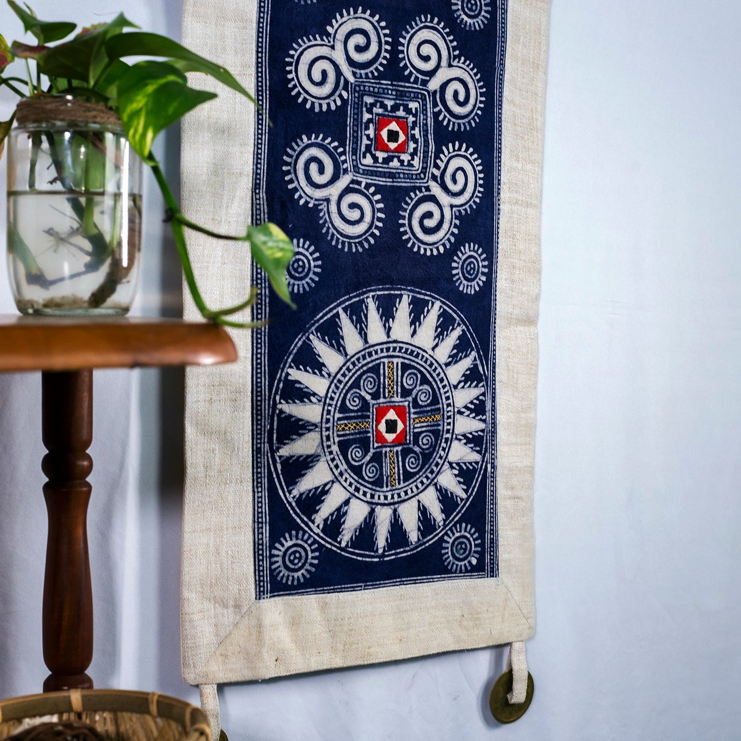 Wall hanging tapestry, Blue H'mong pattern, Hemp and Batik