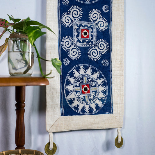 Light Blue wall hanging tapestry, Blue H'mong pattern, Hemp and Batik