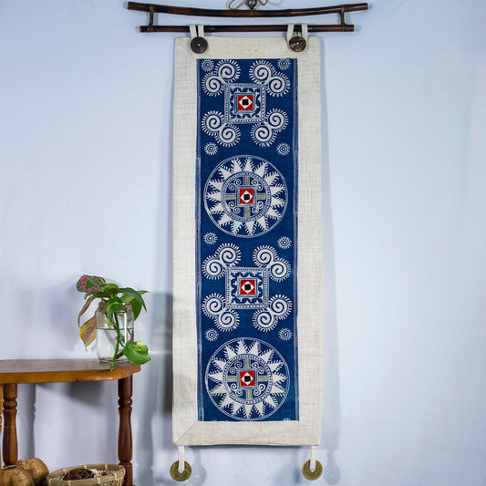 Light Blue wall hanging tapestry, Blue H'mong pattern, Hemp and Batik