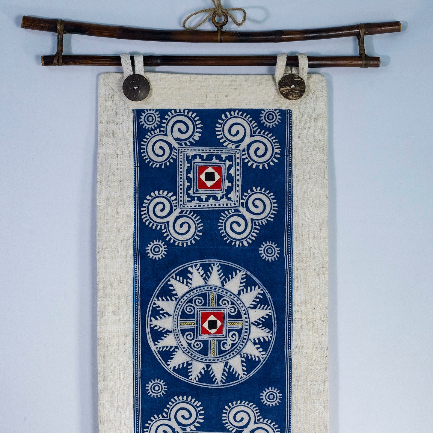 Light Blue wall hanging tapestry, Blue H'mong pattern, Hemp and Batik