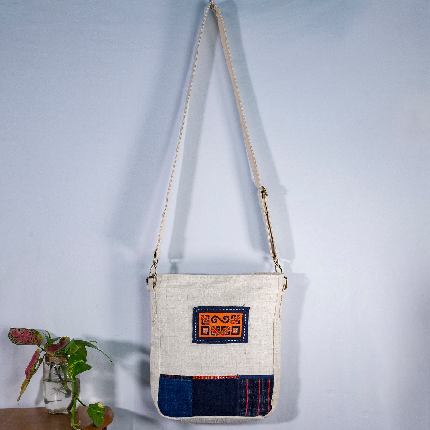 Unique crossbody bag from natural handwoven hemp with H'mong patch