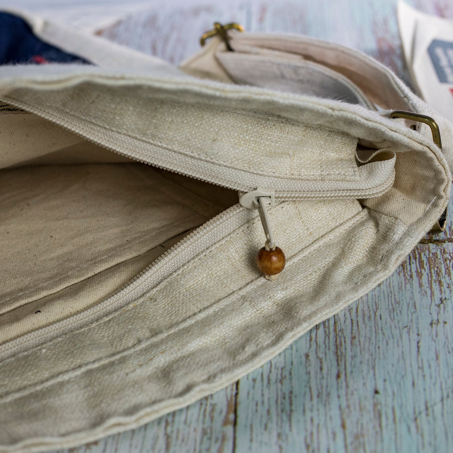 Unique crossbody bag from natural handwoven hemp with H'mong patch