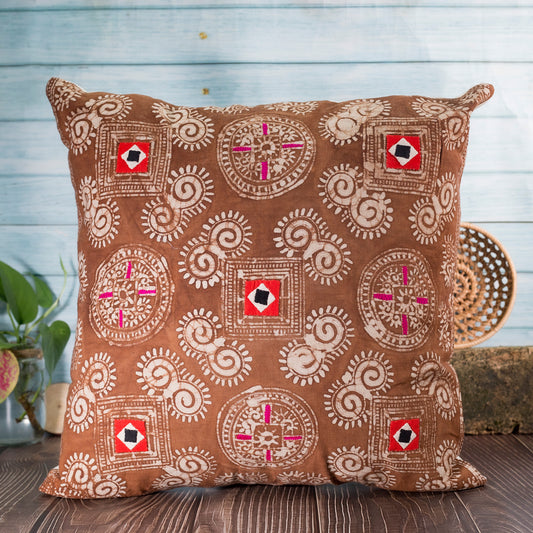 Brown Batik Cushion Cover - H'mong pattern, hand-stitches