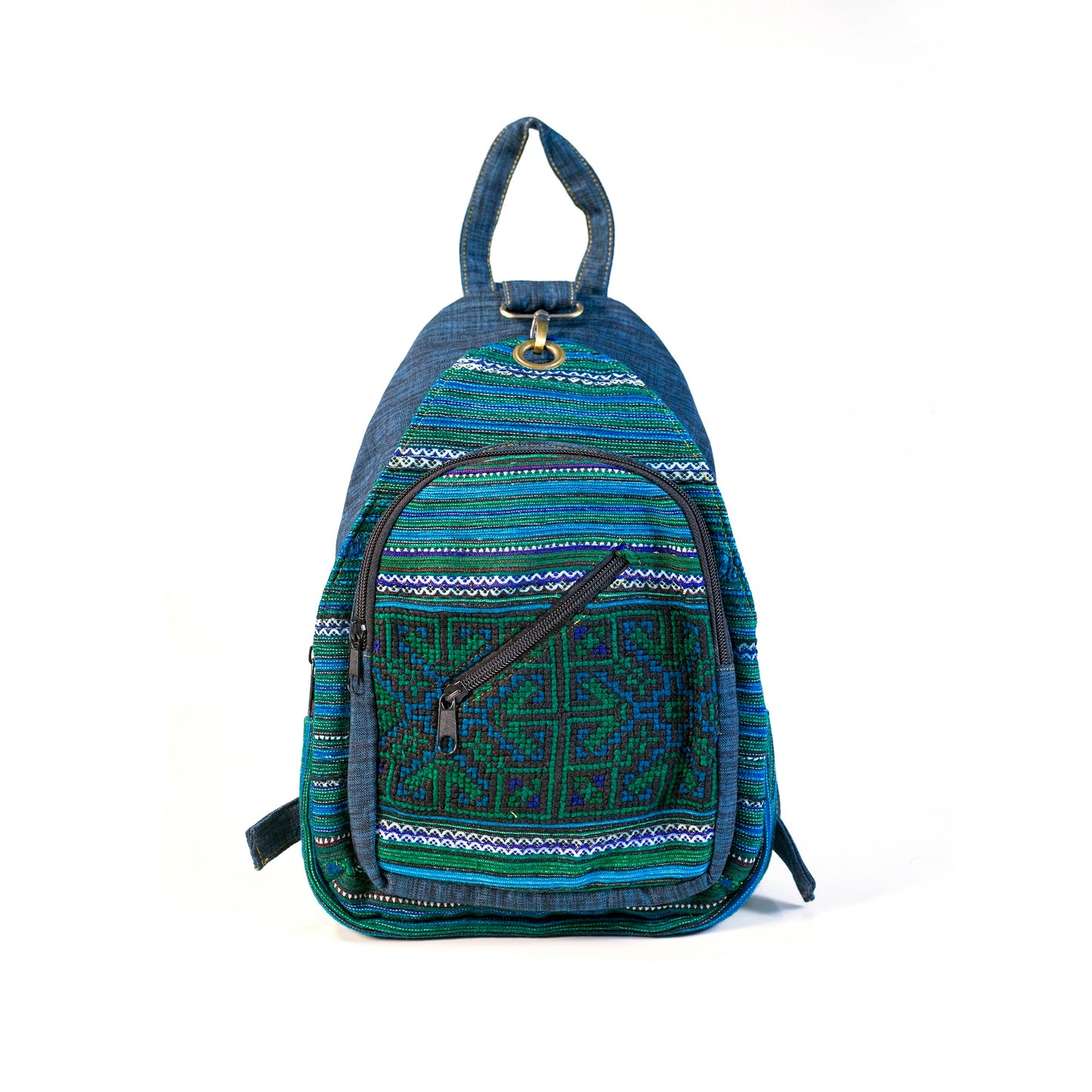 Multi-purpose backpack and sling, blue hand-embroidery fabric, dark blue trim