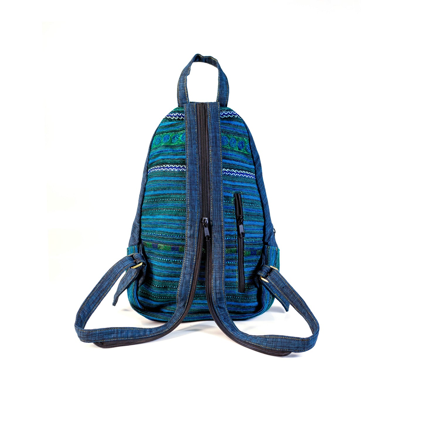 Multi-purpose backpack and sling, blue hand-embroidery fabric, dark blue trim