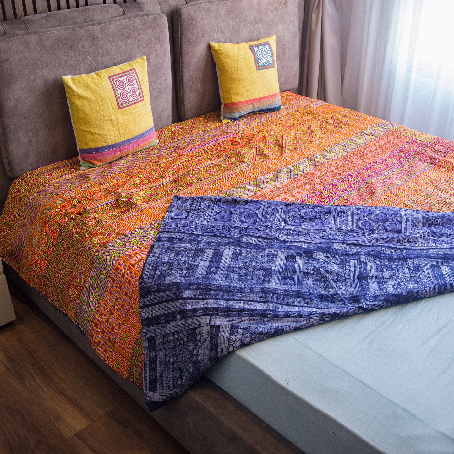 One of its kind cross stitched embroidery bed cover, authentic H'mong fabric, dual-sized, king and queen sized beds