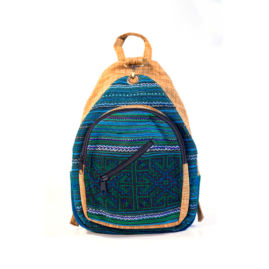 Multi-purpose backpack and sling, blue hand-embroidery fabric, light orange trim