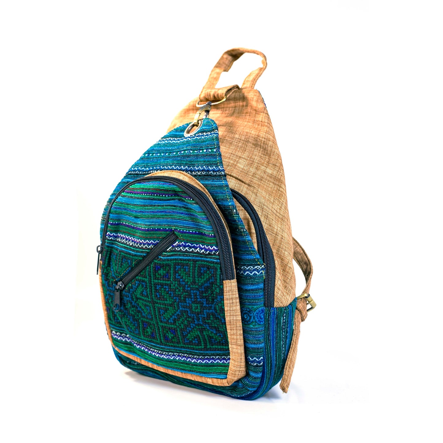 Multi-purpose backpack and sling, blue hand-embroidery fabric, light orange trim